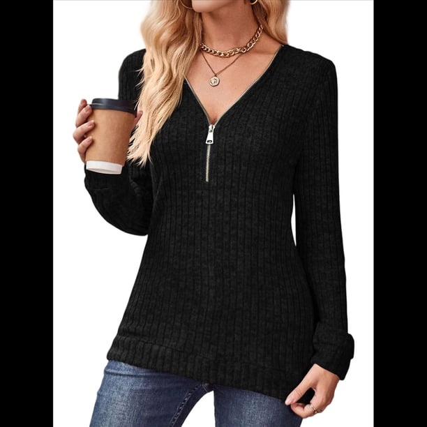 Suéter Holgado de Punto Acanalado con Cuello de Media Cremallera para Mujer, Blusas Casuales de Larga de Color Liso, Blusas Cómodas y Cálidas Negro XL
