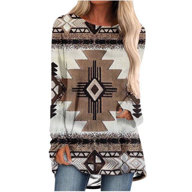 Blusa holgada de gran tamaño con estampado geométrico tribal azteca occidental retro para mujer, estilo túnica étnica para leggings, ahorros de Honeeladyy