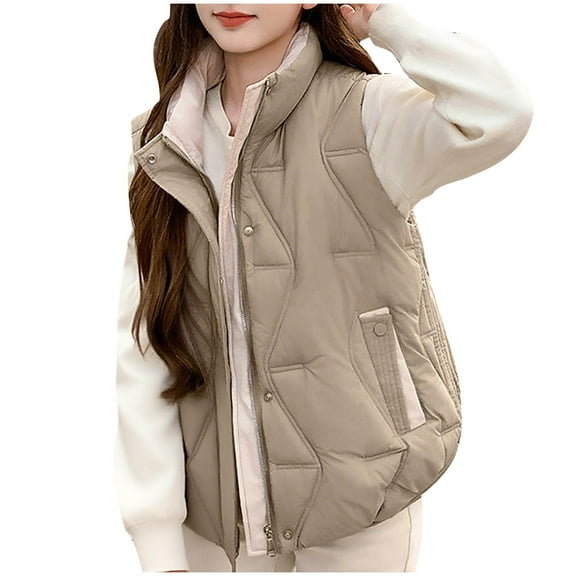 Uaswgudfs ​Sleeveless Quilted Vest: Women's Autumn Zip-Front High Collar Coat with Side Ties & Pockets - Fitted Silhouette​