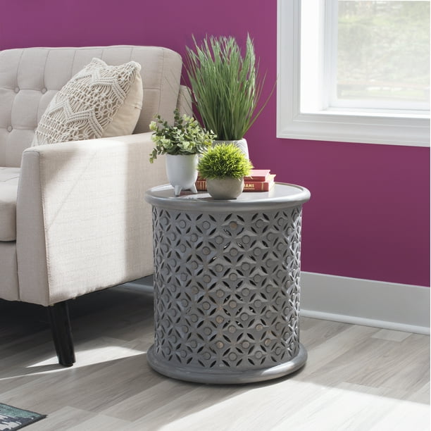 Kacey Carved Wood Round End Table, Light Gray