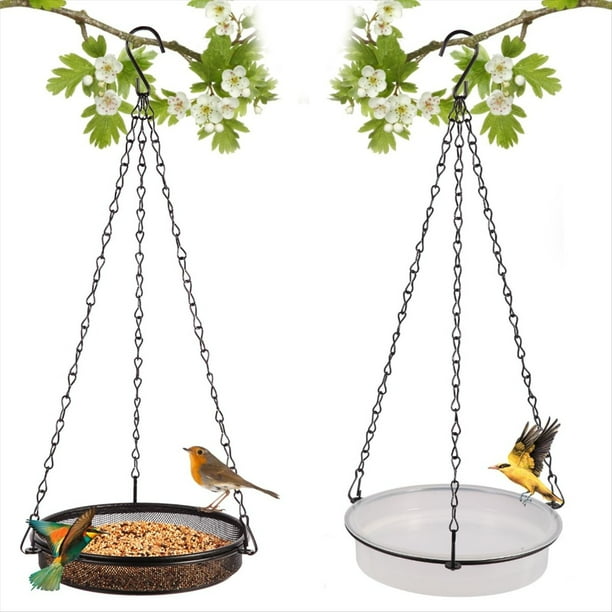 Comedero y Bañera Colgante para Pájaros 2 en 1 para Exteriores. Bandeja Metálica Pequeña, para Atraer Pájaros.