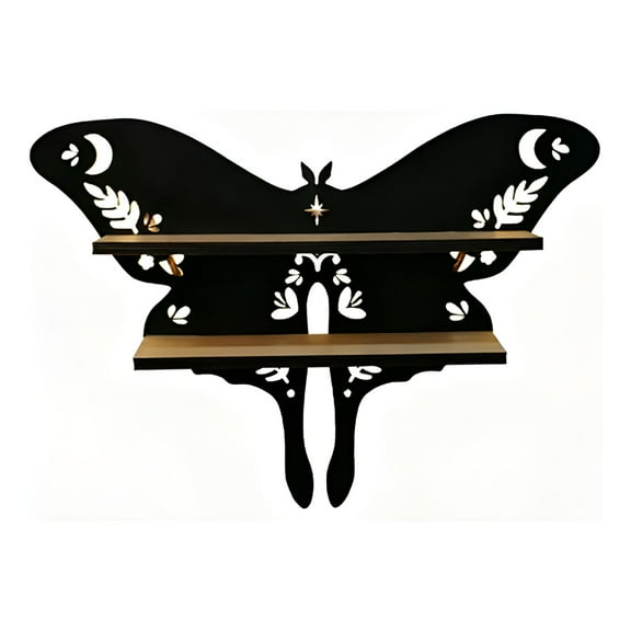 LAMIRO Wall Shelves Cute Moon Shelves Moth Design Butterfly Wall Shelf Bedroom Wall Decor Lamp Unique and Vintage,Natural Wood with LED Light,Modern Home Decor for Living Room Bedroom Girls Room