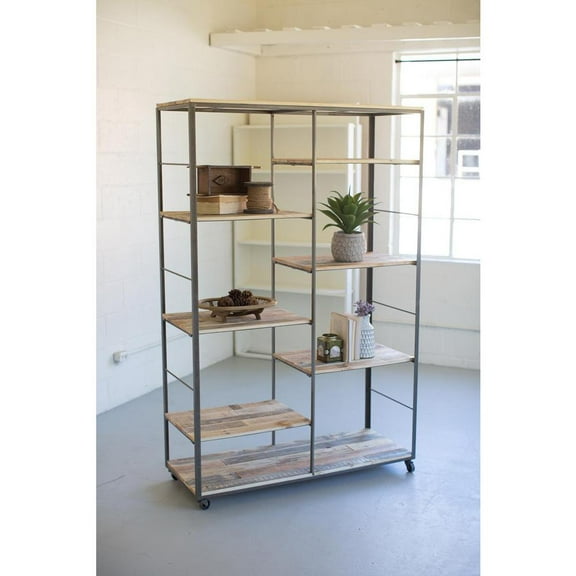RECYCLED WOOD AND METAL ADJUSTABLE SHELVING UNIT