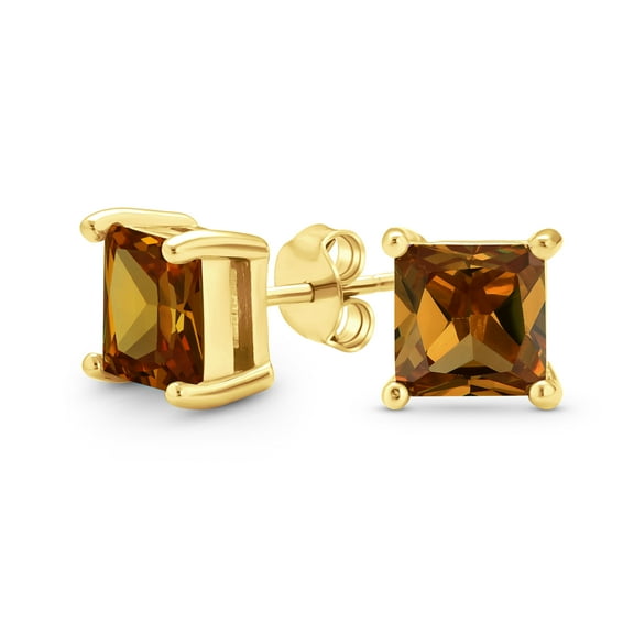 Bling Jewelry Womens 2CT Princess Cut CZ Stud Earrings Gold Plated Sterling Silver 7MM Birth Colors