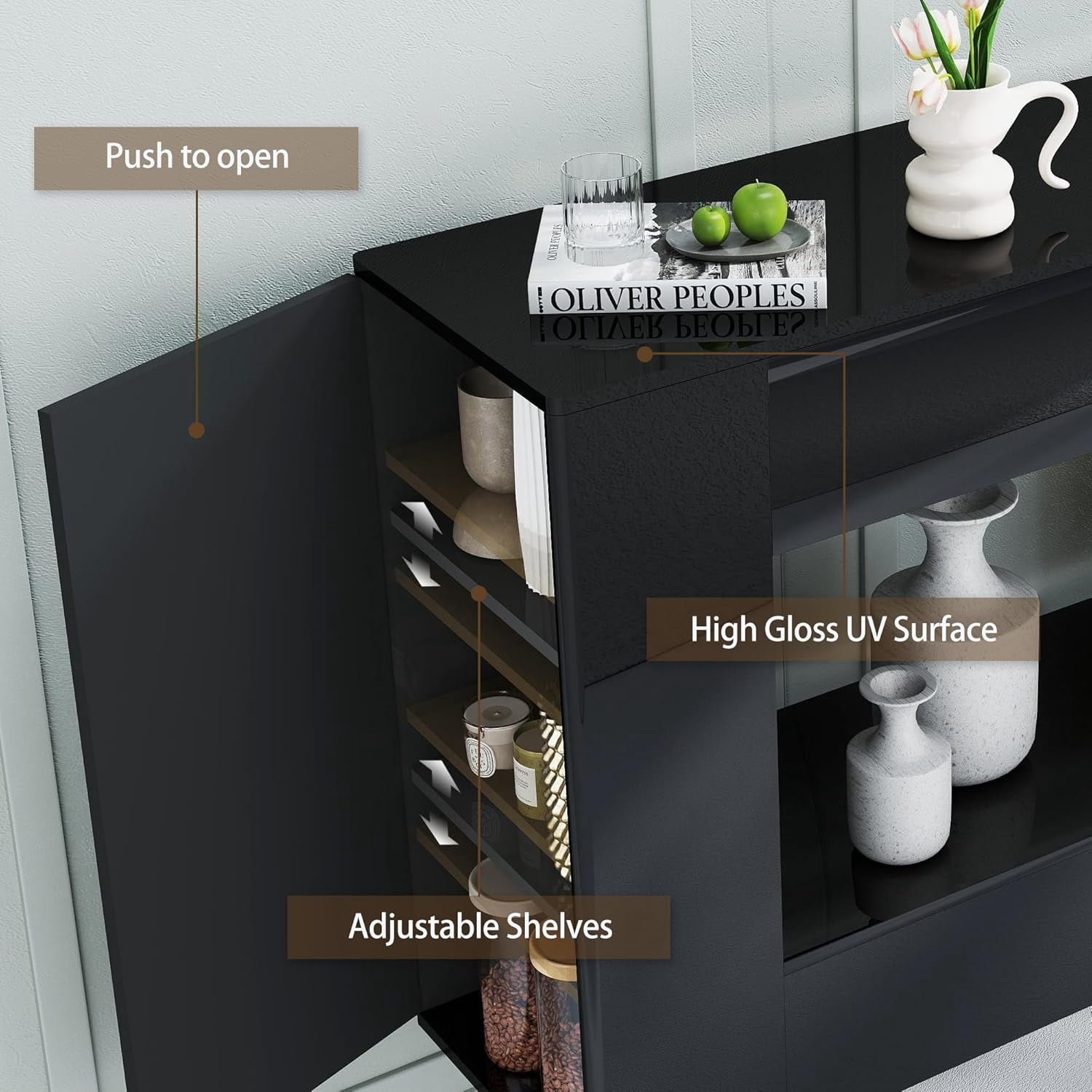 47-Inch Modern Black High Gloss Console Table with Hidden Side Storage Cabinets and Adjustable Shelves, Entryway Sofa Table