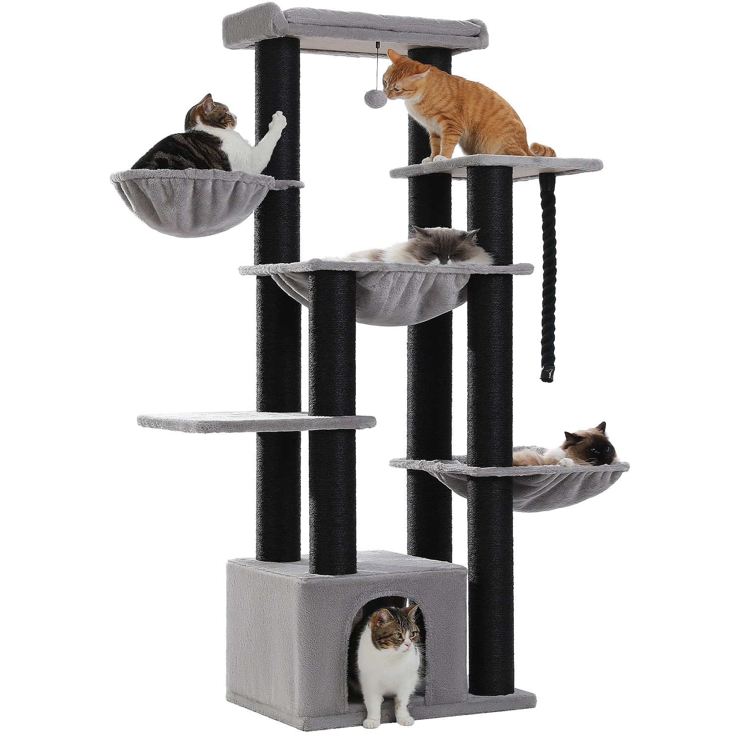 PEQULTI 67" Multi-Level Cat Tree with Super Large Scratching Posts Cat Tower with 3 Hammocks Black