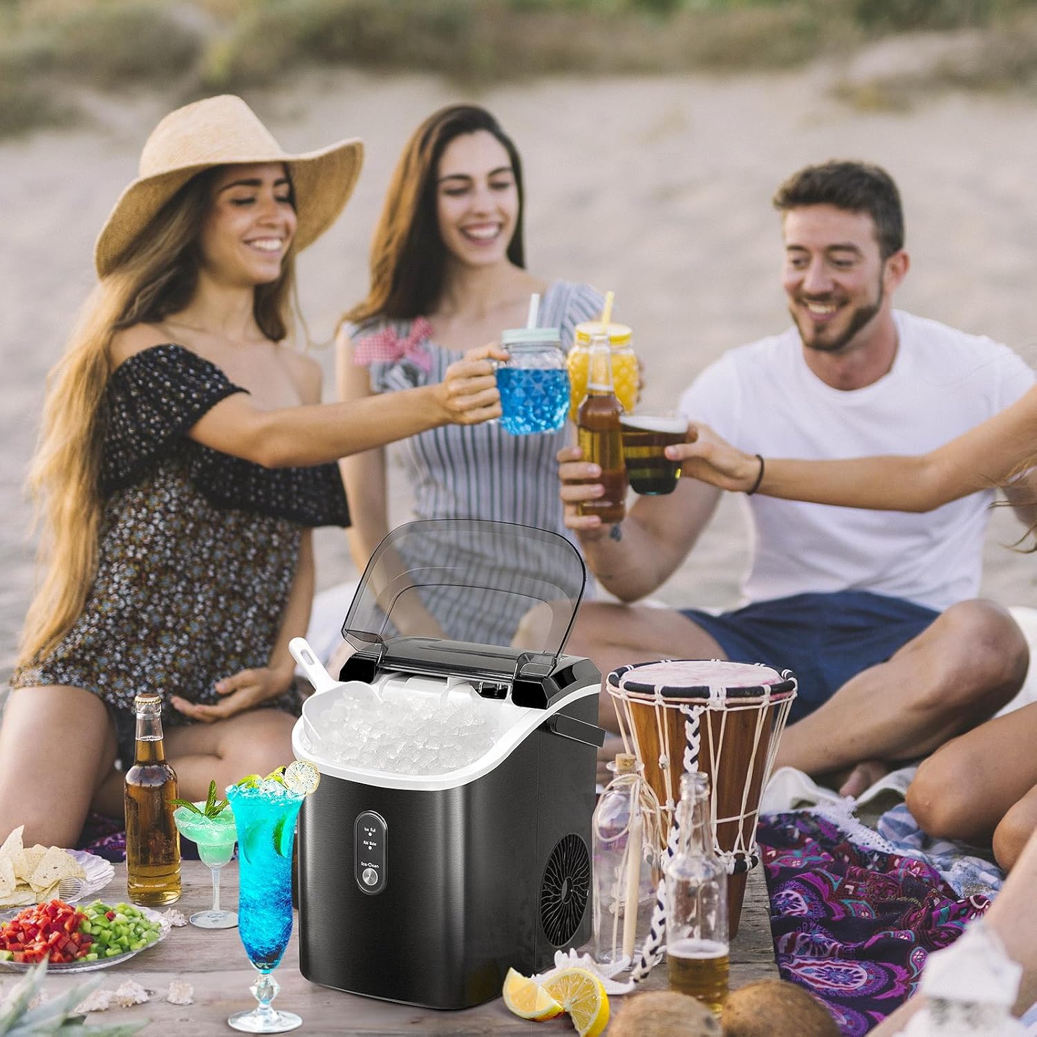 WAA 35Lbs/24H Nugget Ice Maker Countertop Pebble Soft Ice,Self-Cleaning Ice Scoop Black