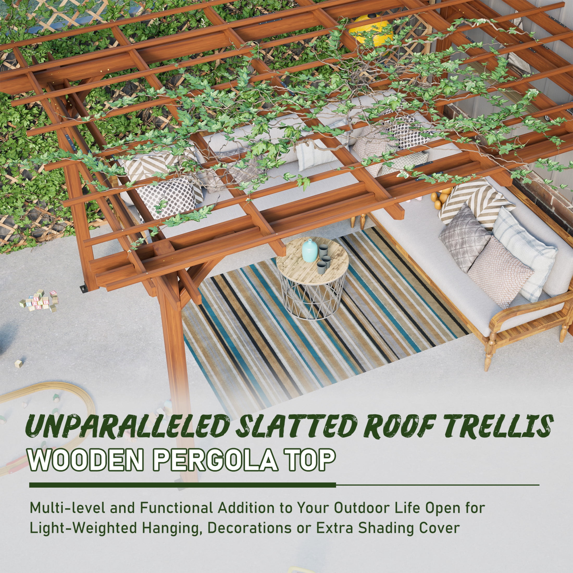 Noble House 12 x 10 FT Outdoor Patio Fir Wood Pergola, Traditional Multi-Layer Roof Trellis for Climbing Plants, Brown