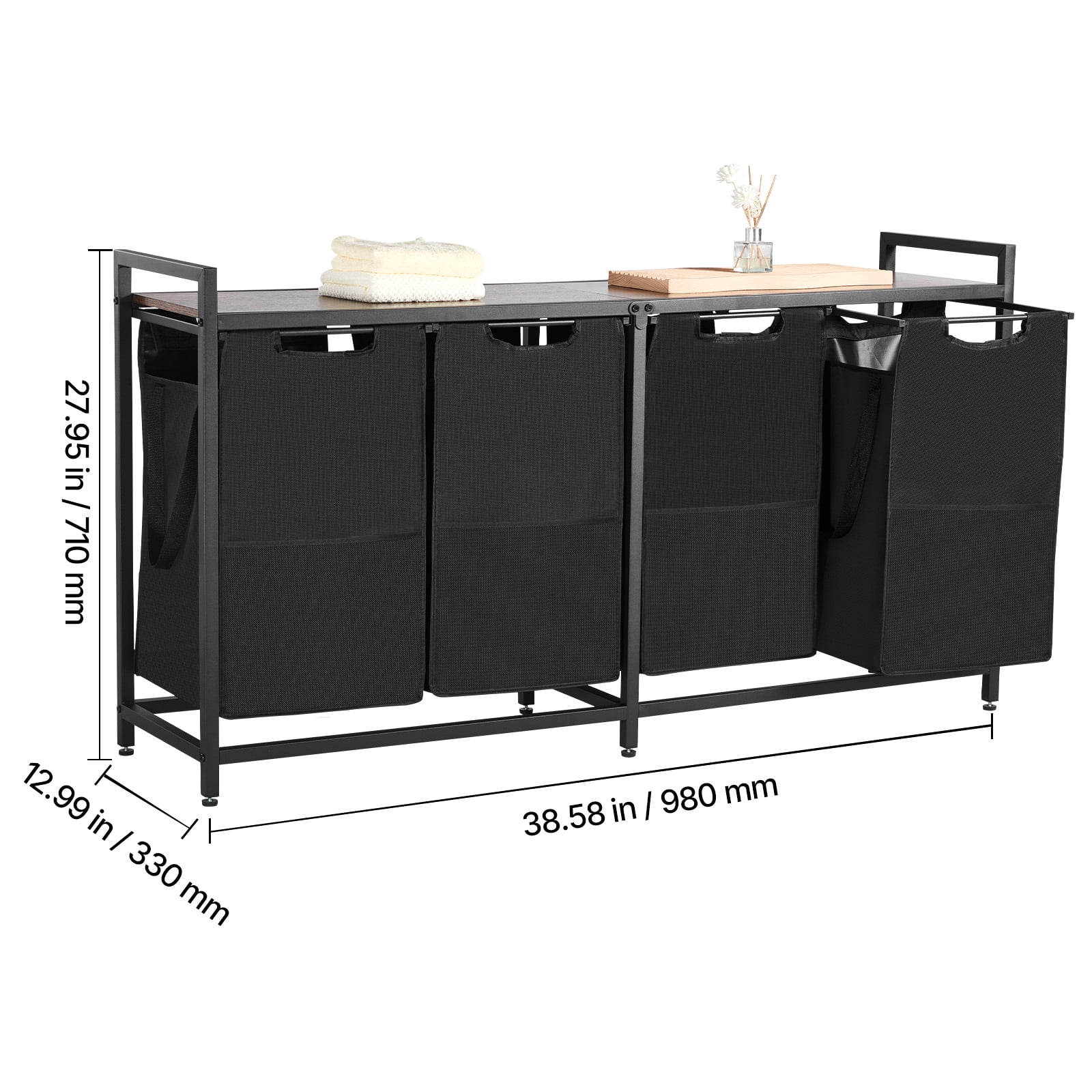 VEVOR 4 Section Laundry Sorter, Large Laundry Hamper with Metal Frame and Wooden Tabletop, Freestanding Storage Organizer Baskets with Pull-Out 600D Oxford Cloth Bags for Dirty Clothes, Bathroom