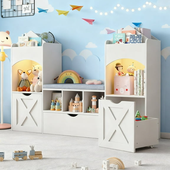 Vabches Kids Bookshelf with Reading Nook & LED Lights, Castle-Shaped Kids Toy Organization with 2 Movable Drawers & 5 Shelves and Bench