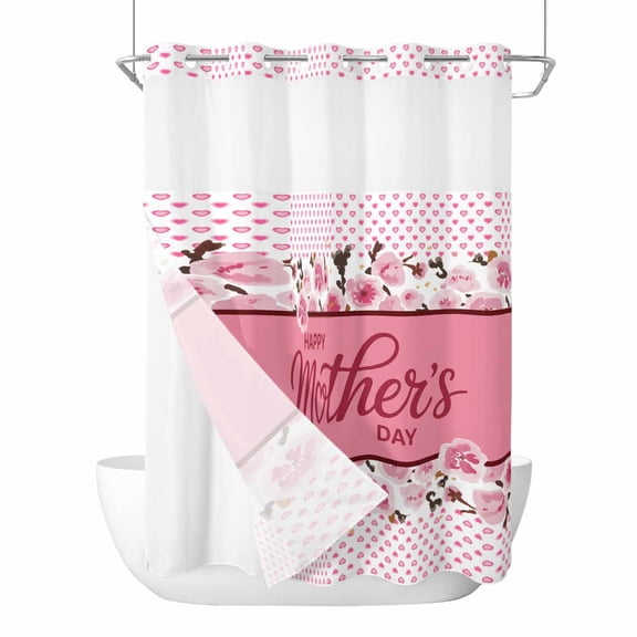 No Hook Happy Mother's Day Shower Curtain with Snap in Liner Set, Farmhouse Pink Floral Love Heart Waterproof Fabric Bathroom Curtains with See Through Top Window, Hotel Style Extra Long 72 x 96 Inch