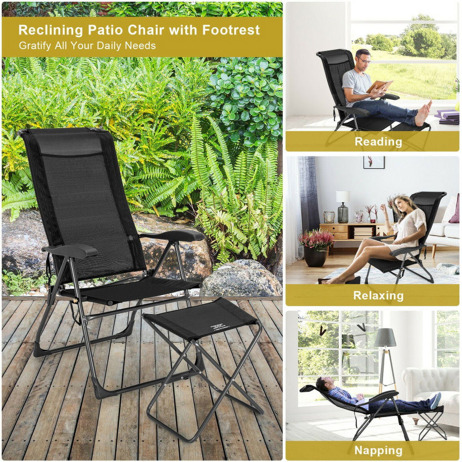 Aimee Lii 4 Pieces Patio Adjustable Back Folding Dining Chair Ottoman Set-Black, Outdoor Patio Set Aimee Lii 4 Pieces Patio Adjustable Back Folding Dining Chair Ottoman Set-Black, Outdoor Patio Set