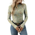thumbnail image 6 of Kilaqueen Sexy Mesh Tops for Women Slim Fit Floral Lace Long Sleeve Mock Neck Going Out Tops with Thumb Holes, See Through Shirt Blouses Tops Undershirts Mesh Sheer Layering Tops Party Clubwear, 6 of 7
