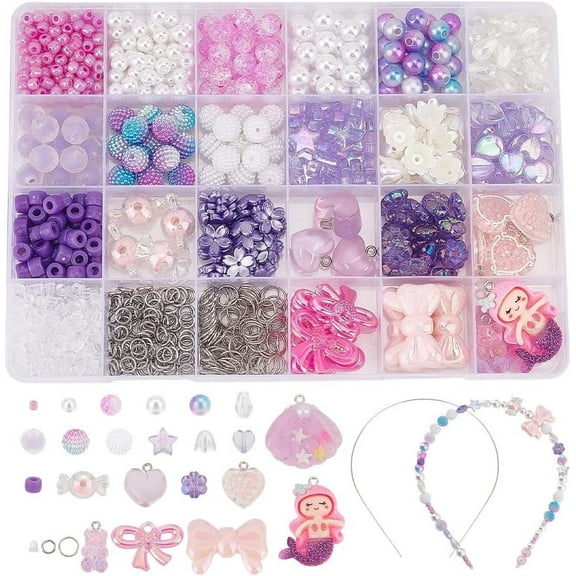 1 Box Purple Acrylic Beads Kit Round Pearl Beads Transparent Beads Heart Flower Candy Beads Bubblegum Bowknot Beads Mermaid Charm with Jump Rings Ear Nuts Hair Findings for Hair Band Making