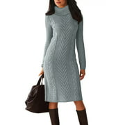 Asyoly Women Winter Ribbed Cable Knit Sweater Dress Turtleneck Slim Midi Sweater Jumper Midi Dress