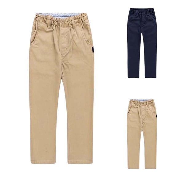 Uniform Pants for Boys Straight Leg Elastic Waist Dressy Pants for School Solid Color Casual Comfortable Cotton Kids Trousers Khaki