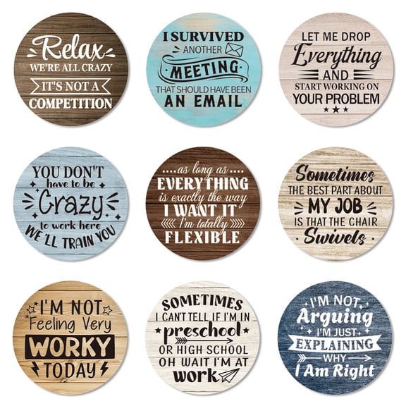 Coasters Set of 9 Humor Office Work Pattern Colorful Wooden Coasters Bulk Round Housewarming Gift