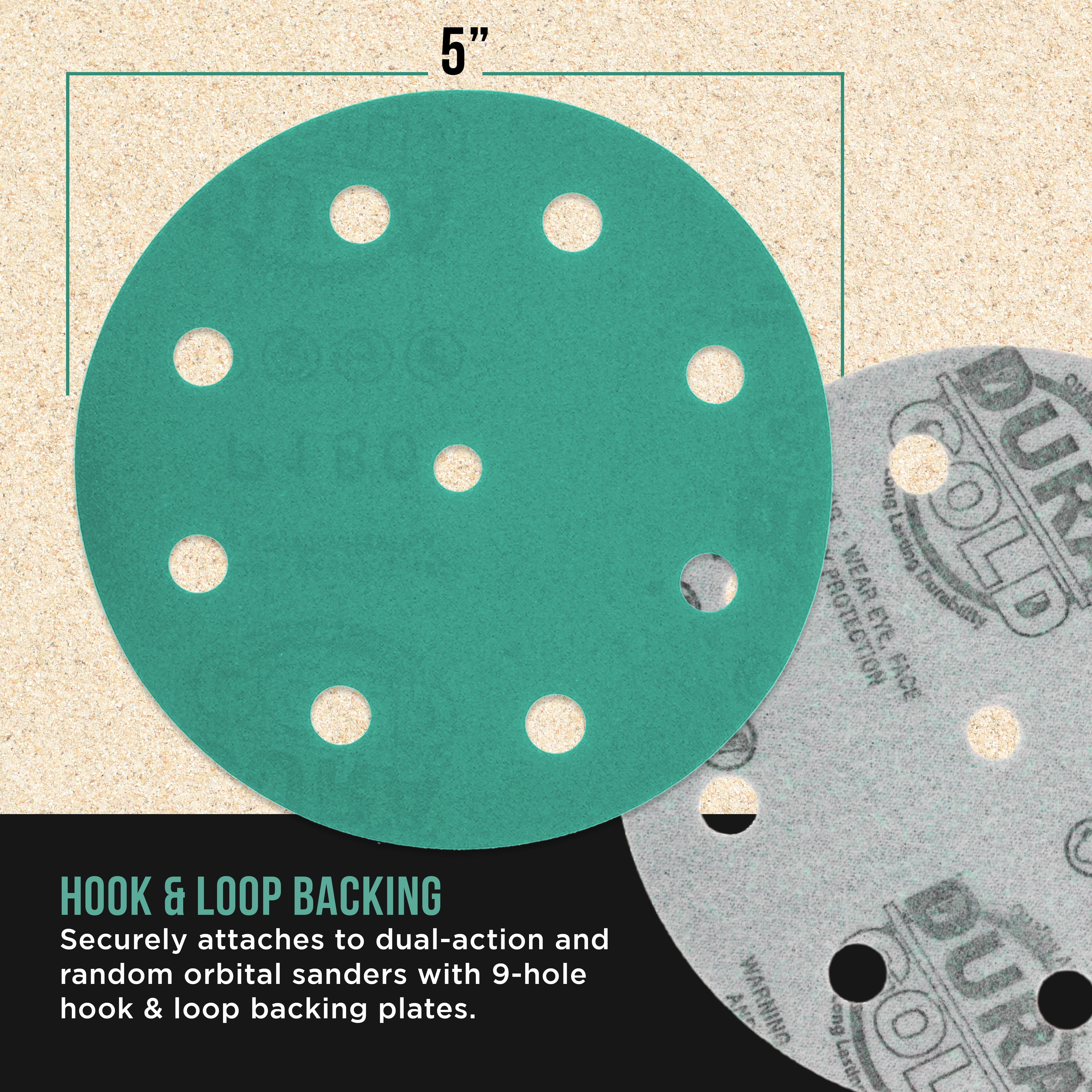 Dura-Gold Premium 180 Grit 5" Green Film Sanding Discs, 9-Hole Pattern, Box of 50 - Heavy-Duty Dustless Hook & Loop Backing Sandpaper for DA & Random Orbital Sanders, Sand Auto Paint, Wood, Furniture