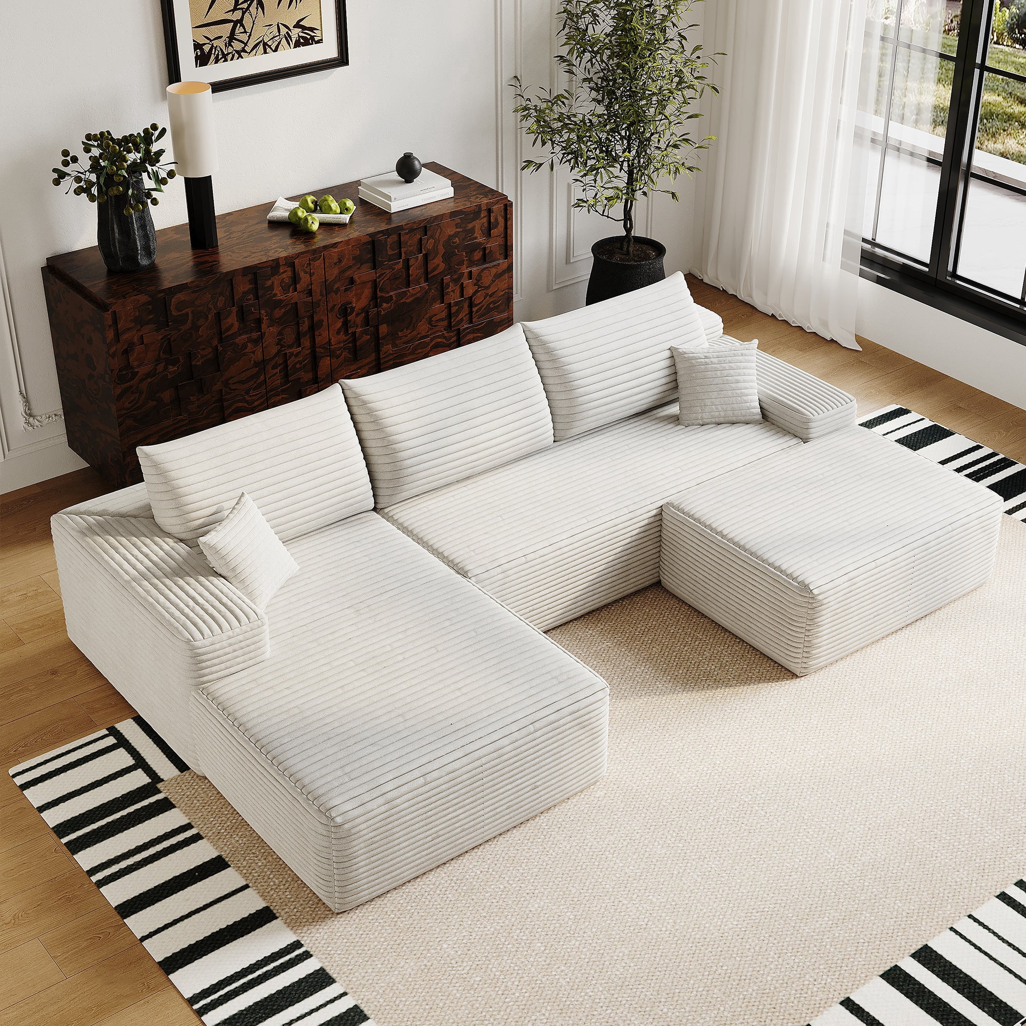 Sailvan 107" Cloud Sectional Couch, Cloudy Sofa with L-Shape Chaise & Ottoman, Upholstered Couches for Living Room & Bedroom, No Assembly Required, Plush Corduroy Fabric, Beige