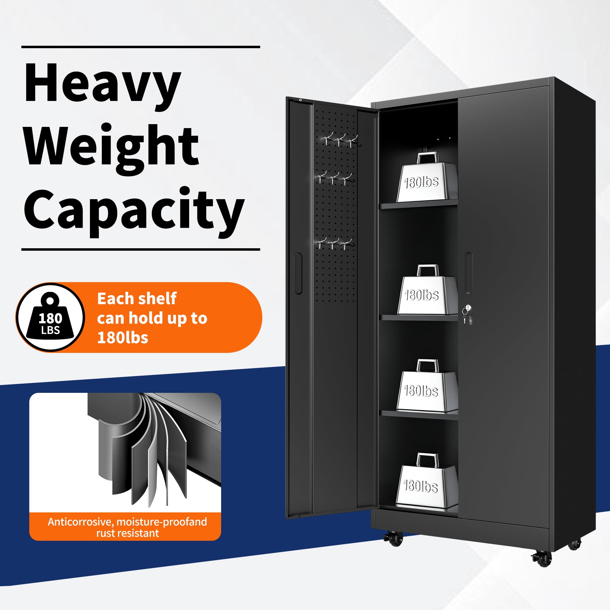 Rolling Metal Storage Locker Cabinet with Lockable Doors, 71" Freestanding Steel Wardrobe for Home, Office, School, Employee, Gym & Fire Department (Black)