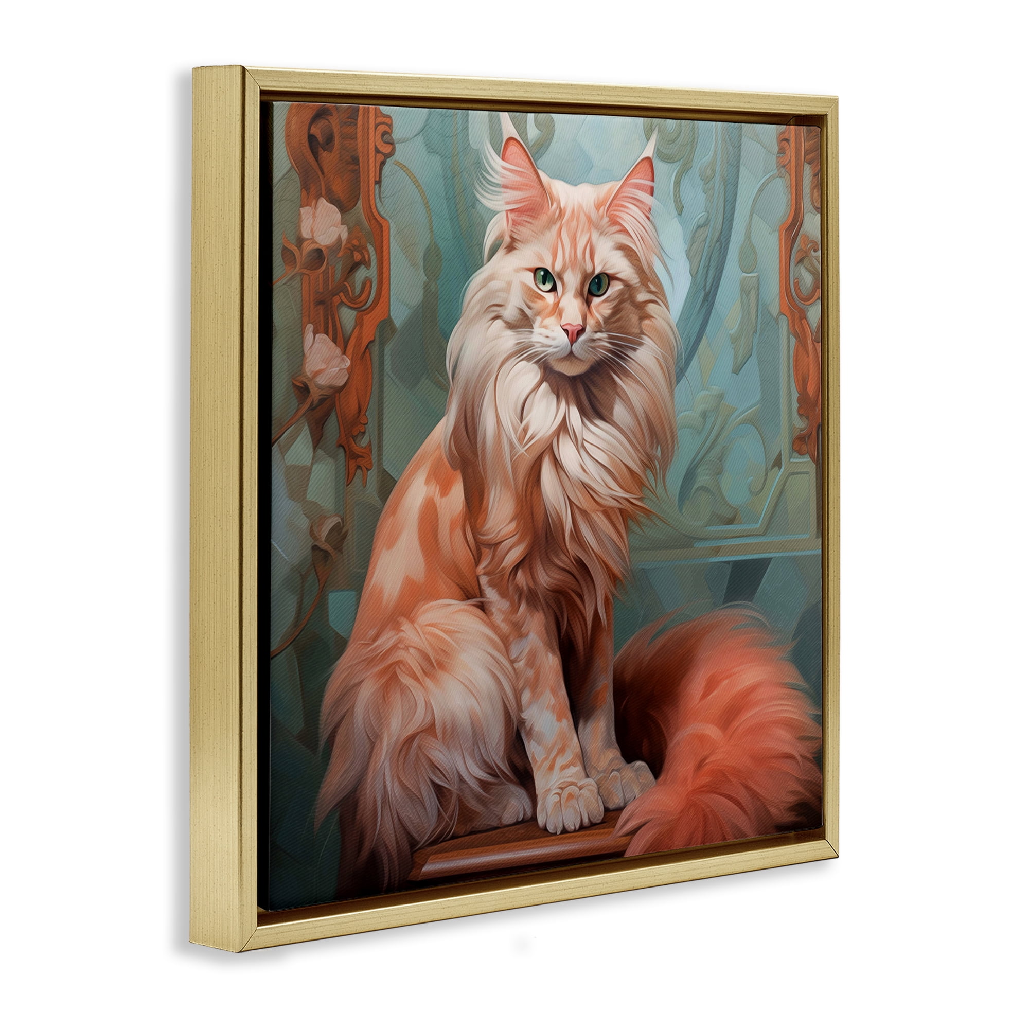 Stupell Industries Cat Nouveau Portrait Animals Painting Gold Floater Framed Canvas Art Print Wall Art, 25 x 25