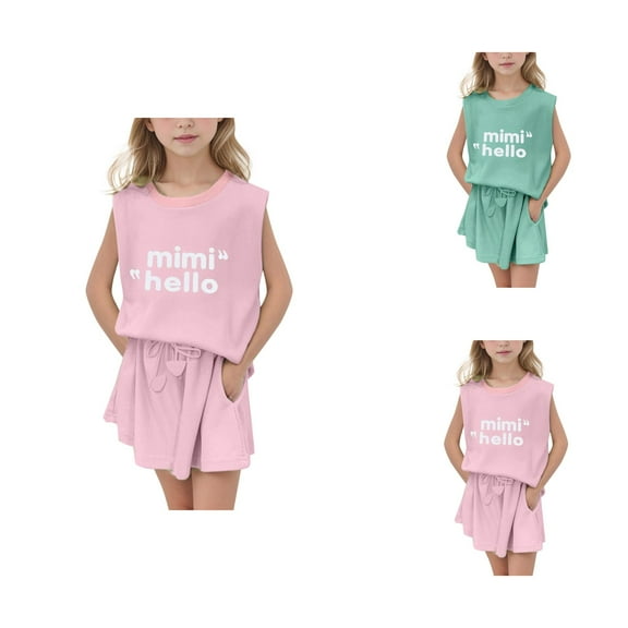Girl Clothes Girls Clothing Sets Girl's 2 Piece Outfits Sleeveless Round Neck Tops And Shorts With Pockets Casual Summer Shorts Sets
