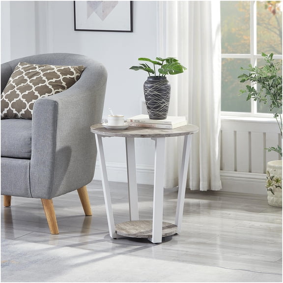 Modern Round End Table with Lower Shelf, Gray MDF Side Table for Living Room