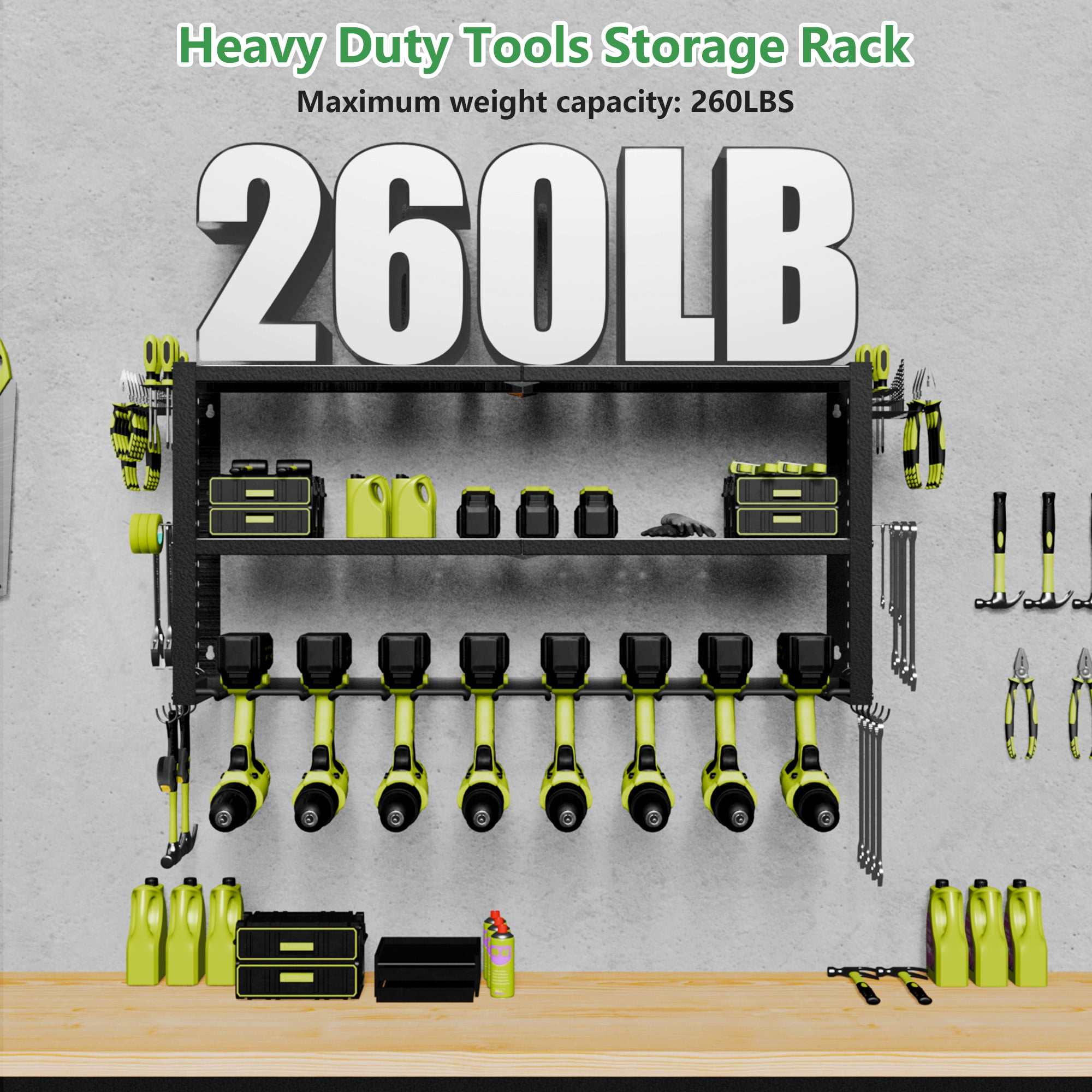Jhsomdr Power Tool Organizer 8 Drill Holder Wall Mount, 3 Layer Garage Tool Organizer Tool Storage Shelf with Pegboard/Hooks, Utility Racks with Screwdriver/Plier/Hammer Holder