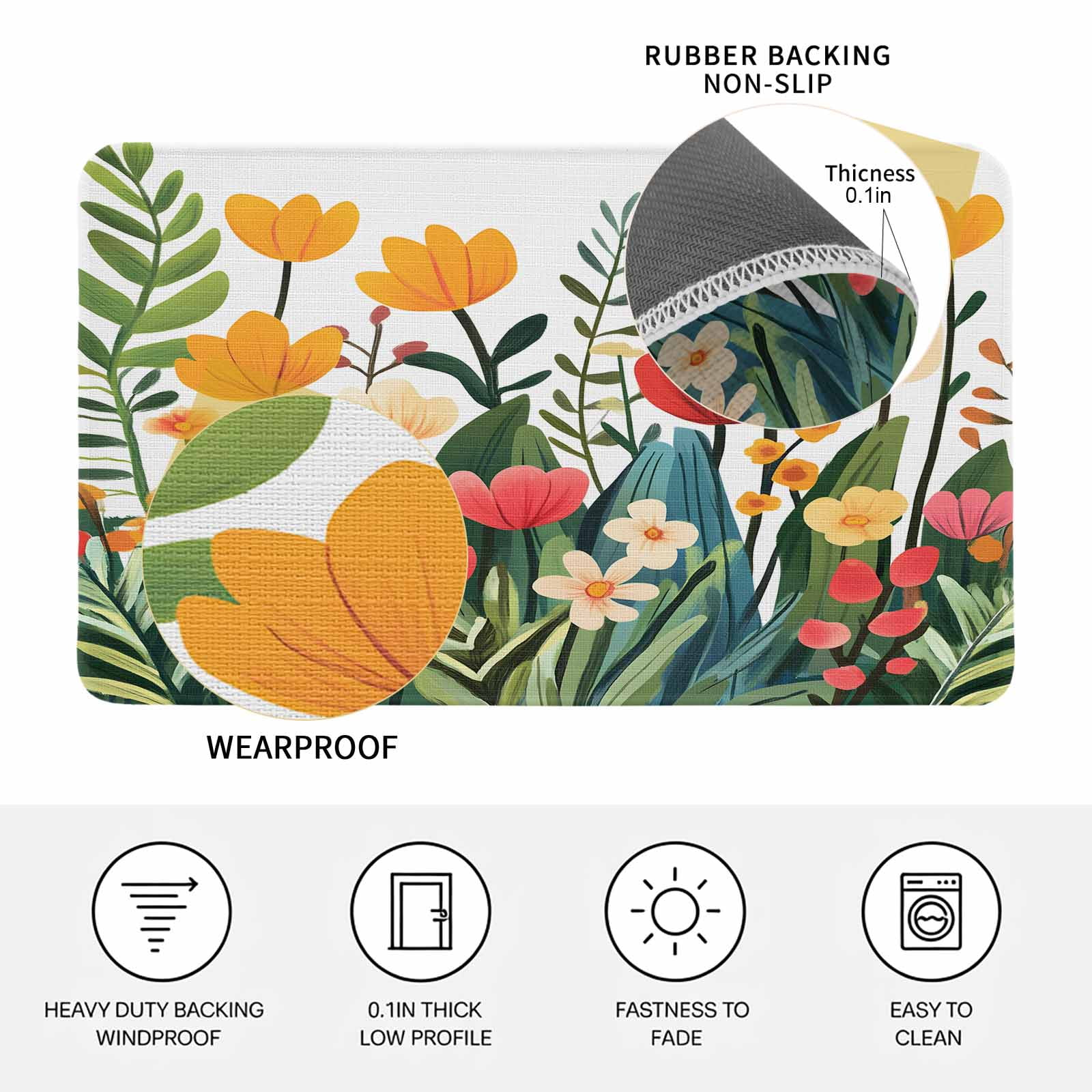 Spring Floral Doormat Outdoor Entrance 24"x36", Botanical Flower Leaf Plant Absorb Moisture Dirt Door Mats, Non-Slip Rubber Backing Floor Mats Indoor, Low-Profile Front Door Rugs