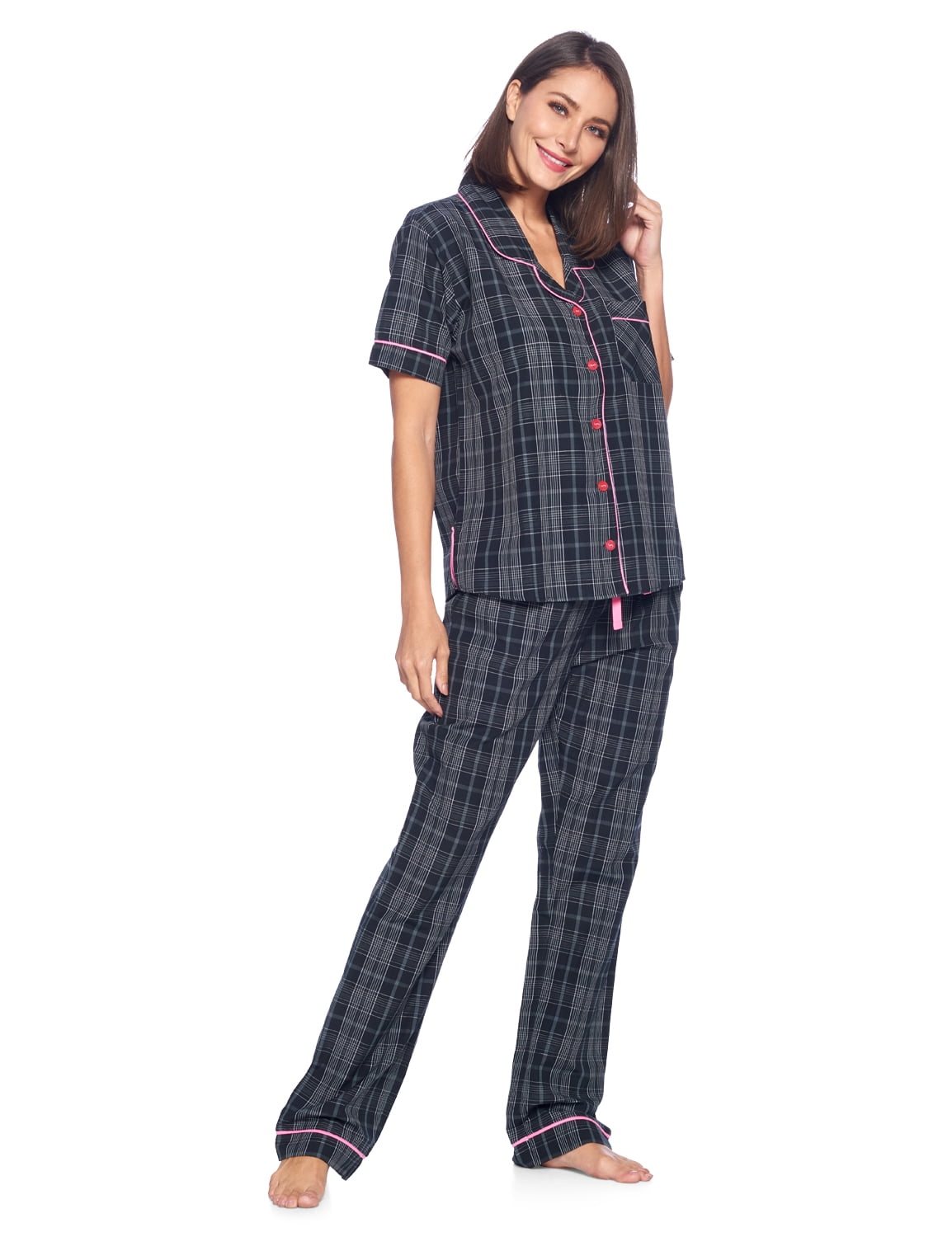 Ashford & Brooks Women's Woven Short Sleeve Shirt and Pajama Pants Set,  Green Blackwatch, XL