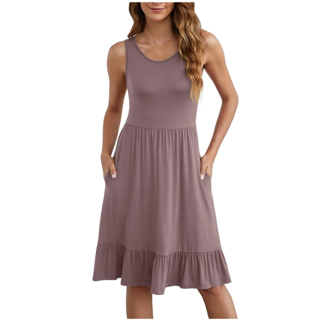 AherBiu Sundresses for Women Summer Casual Sleeveless Crewneck Ruched Flowy Basic Midi Dress with Pockets