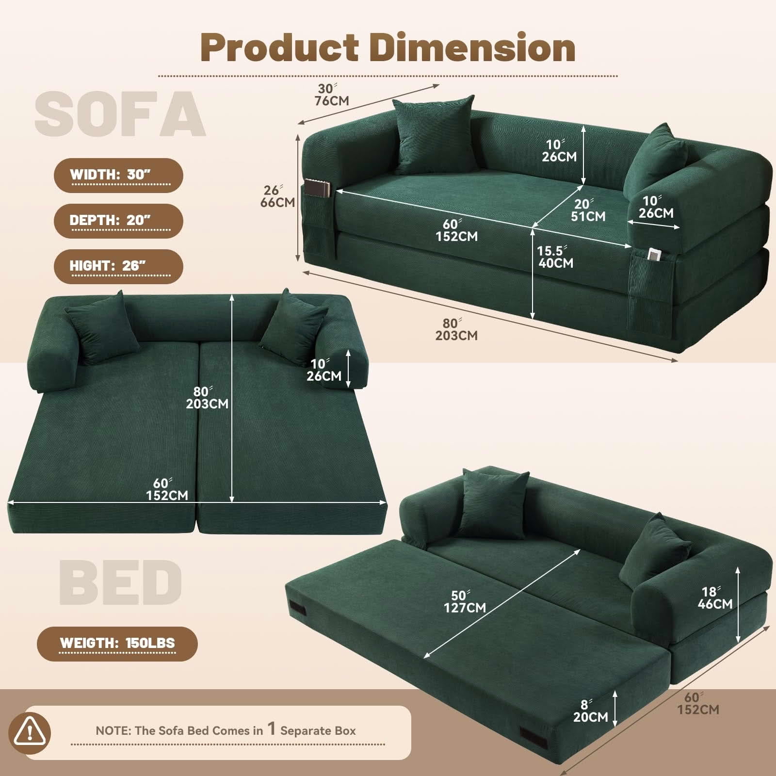 MAYEERTY 80" Dark Green Corduroy Convertible Sofa Bed, 600lbs Queen Size Fold Out Sleeper Couch with Storage & No Assembly for Living Room