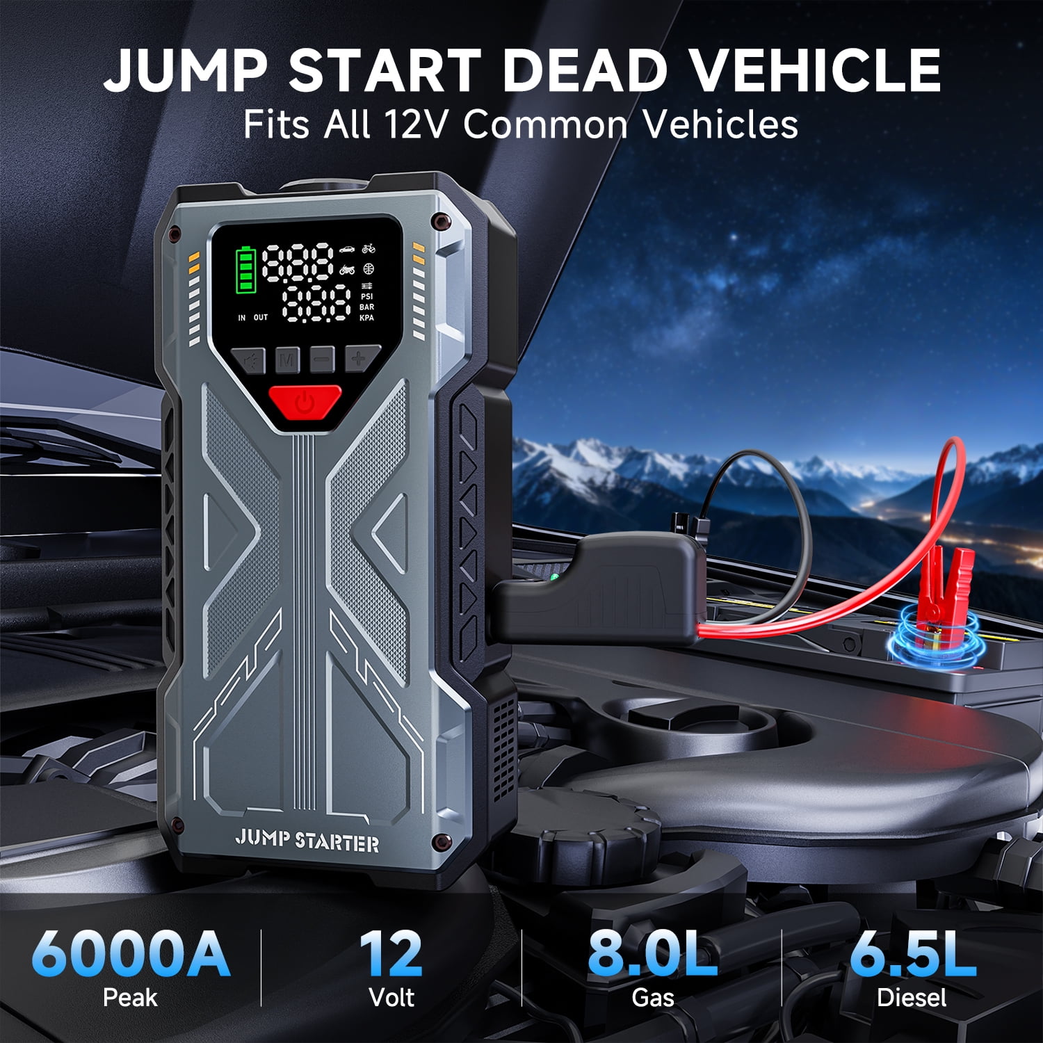 Geeneu Jump Starter with Compressor, 6000A Jump Box Car Battery Charger, Portable Jumper Starter Power Pack (8.0L Gas/6.5L Diesel),Rodeside Emergency Kit for Vehicle/Motorcycle Combo Tire Inflator