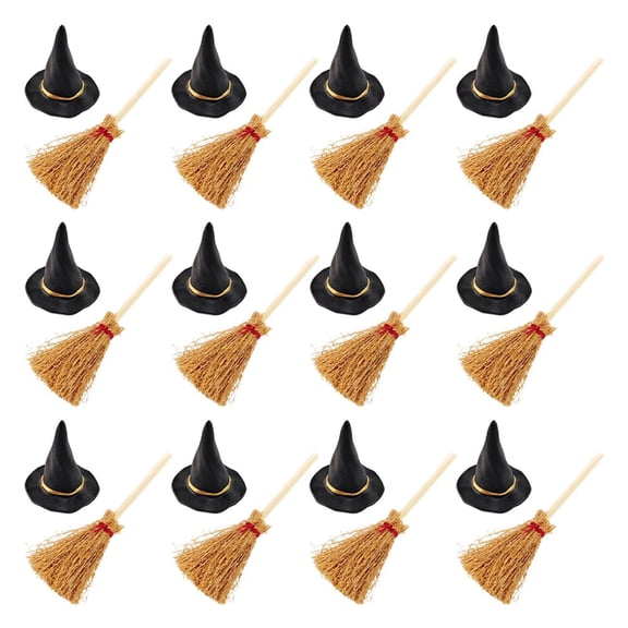 Happydeer 24 Pcs/Set Mini Witch Hat with Mini Broom Miniature Straw Brooms Plastic Witch Hat Set for Halloween Party Decoration (24PCS)