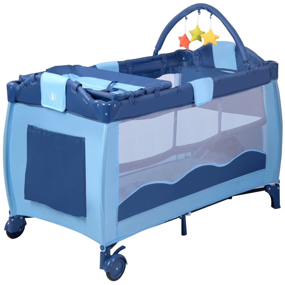 Bed Play Pen Child Bassinet Playpen Entryway Blue with Mat 2 in 1 COSTWAY Portable Infant Baby Travel Cot