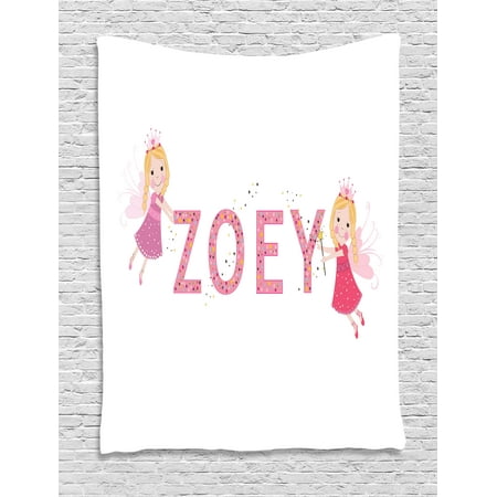 Zoey Tapestry, Feminine Themed Baby Girl Name Magic Creatures Calligraphic Alphabet Letter Design, Wall Hanging for Bedroom Living Room Dorm Decor, 40W X 60L Inches, Multicolor, by