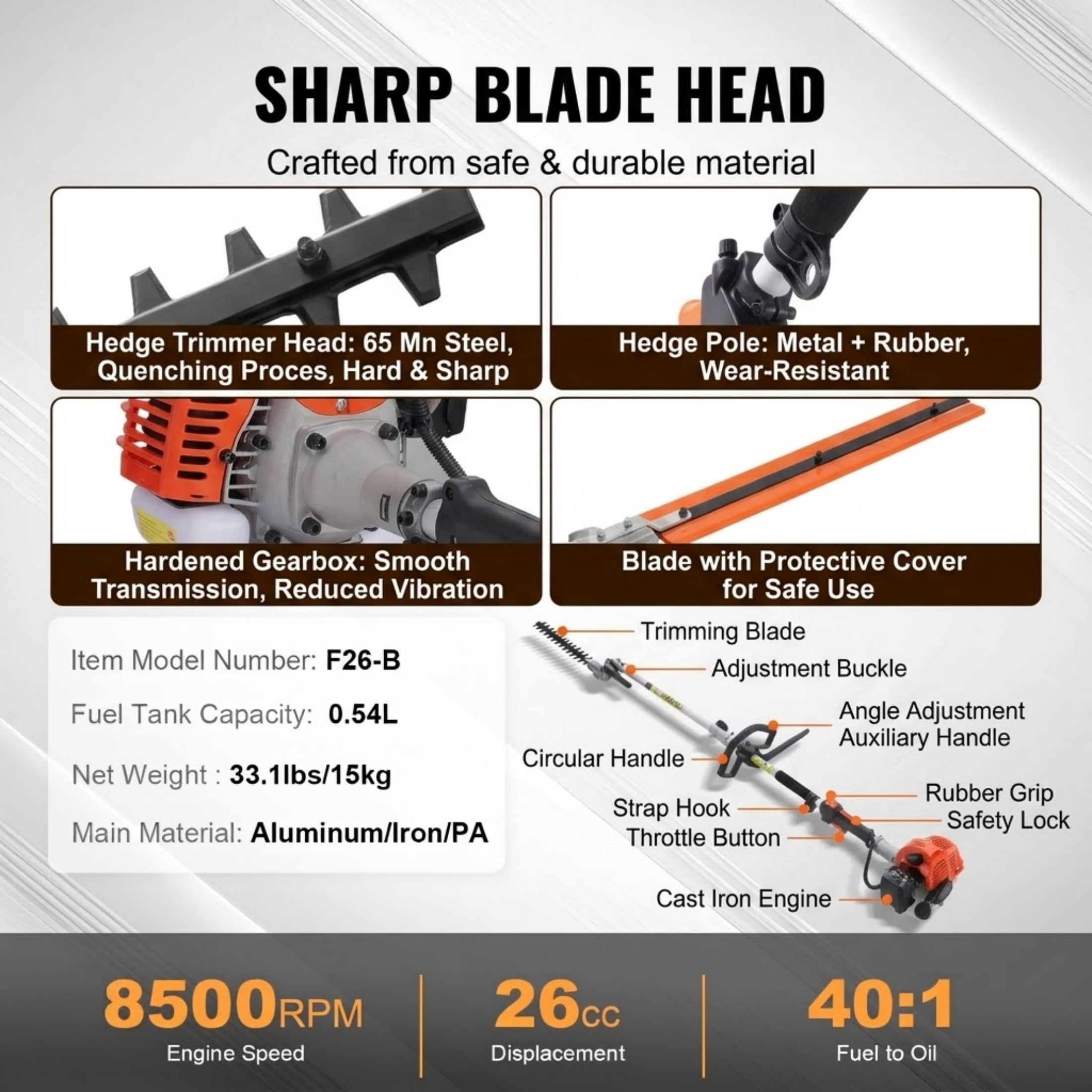26CC 5-in-1 Gas Powered Multi-Functional Trimming Tool, String Trimmer, Hedge Trimmer, Pole Saw, Edger with Extension Pole