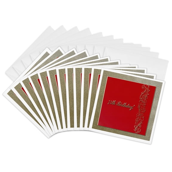3drose, 75th Birthday Red and Gold Design, 12 Greeting Cards with Envelopes