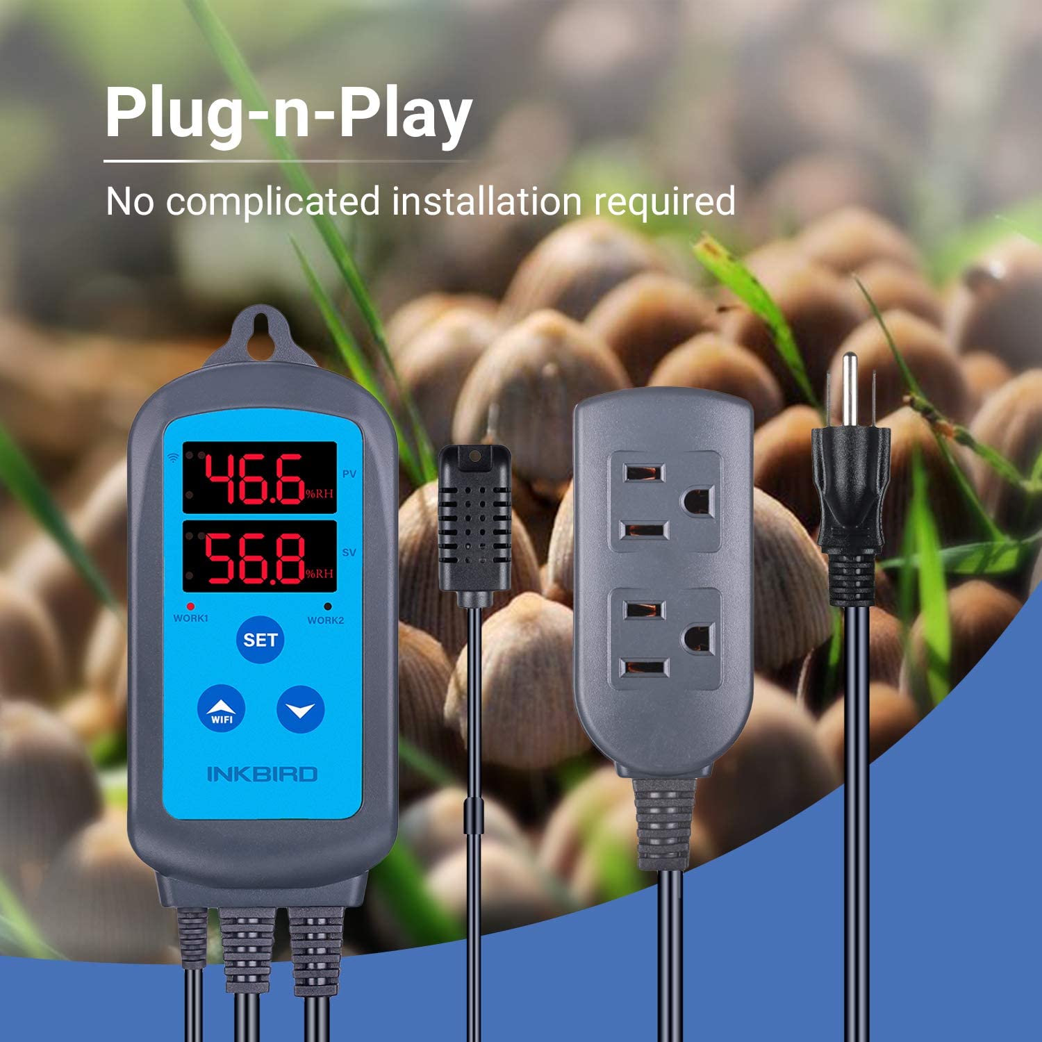IHC-200 Digital Wi-Fi Humidity Controller Dual Outlet Pre-Wired Humidistat for Mushroom Growing Reptile Greenhouse Support iOS Android App Remote Control