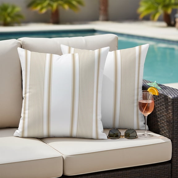 Beige Striped Outdoor Waterproof Throw Pillow Covers Set of 2, 26"x26", Minimalist Stripes Farmhouse Modern Natural Decorative Pillow Covers Outside Cushion Case for Patio Porch Garden