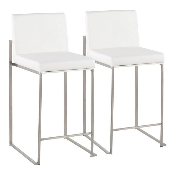 Fuji Contemporary High Back Counter Stool In Stainless Steel And White Faux Leather - Set Of 2