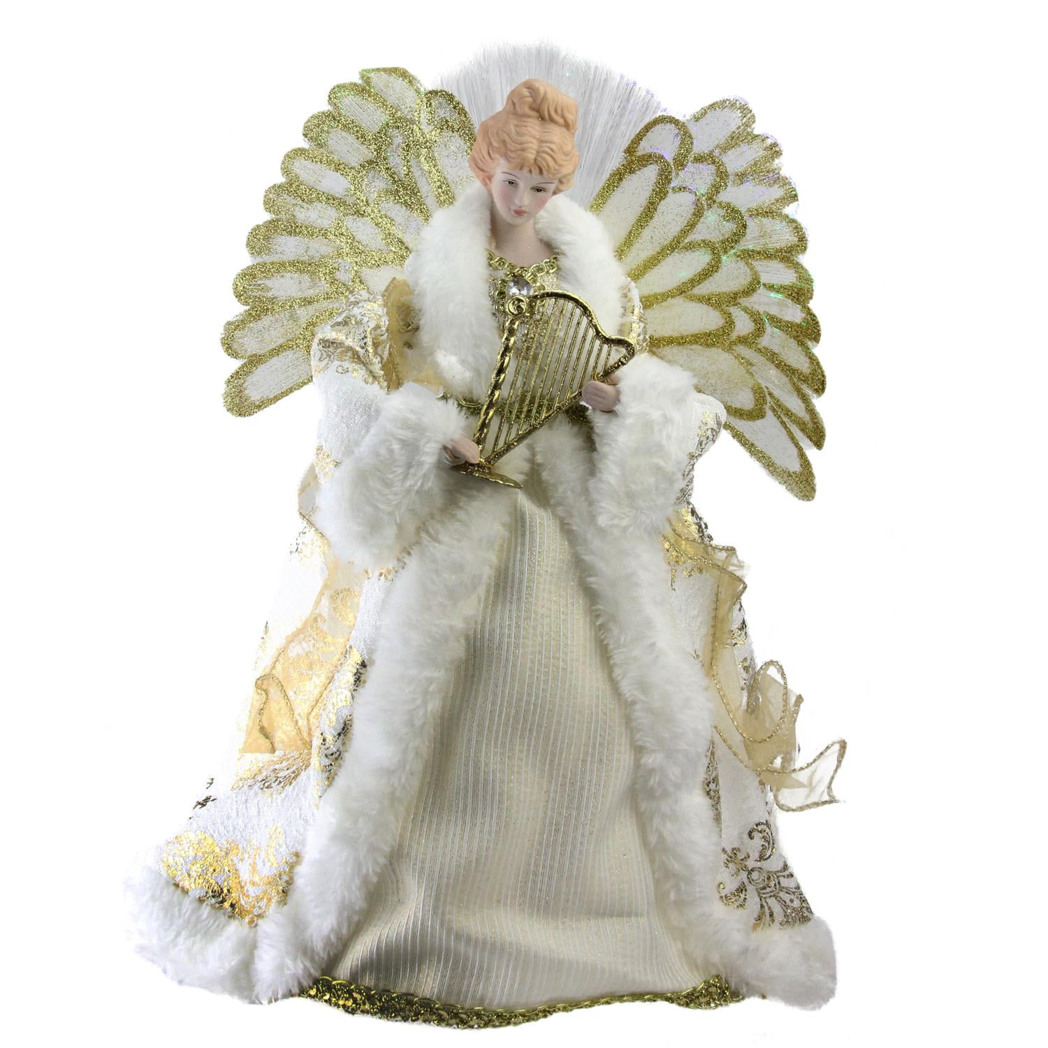 12 Lighted Fiber Optic Angel In Gold And Cream Gown With Harp Christmas Tree Topper Walmart Com Walmart Com