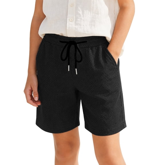 LIIPEE Girls Kids Solid Color Drawstring Waist Waffle Knit Casual Shorts For Summer Daily Wear Outdoor Activities School Casual Outings Black 3-4 Years