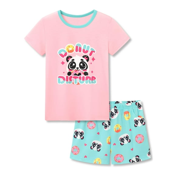 Topgal Cute Panda Pajamas for Girls Donut Pjs Big Little Kids Pink Short Sleeve Sleepwear Summer Jammies Set Size 16