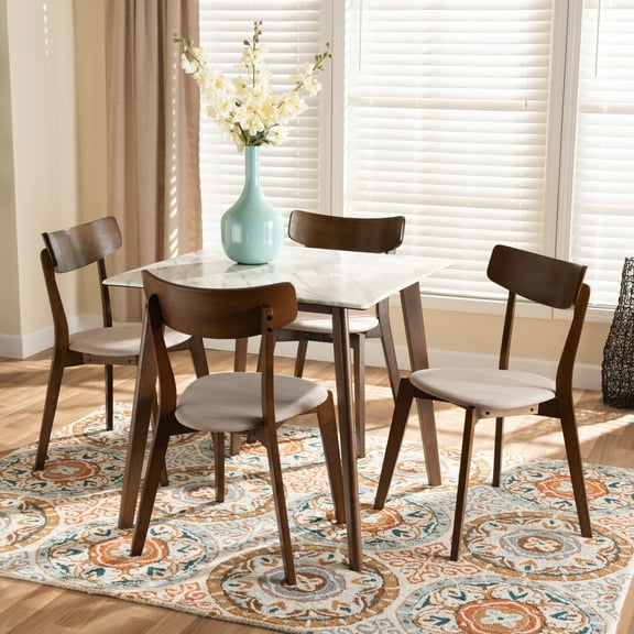 Baxton Studio Reba Mid-Century Modern Light Beige Fabric Upholstered and Walnut Brown Finished Wood 5-Piece Dining Set with Faux Marble Dining Table