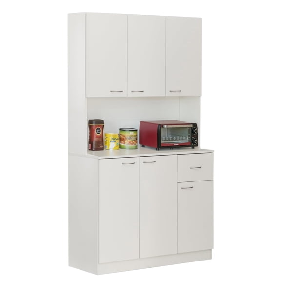 Basicwise Kitchen Pantry Storage Hutch - 71" Tall Wood Organizer with Drawer, Doors & Shelves, Modern White, for Dining, Living, Mudroom, 39.75"W x 15.75"D x 71"H, Versatile Cabinet for Home