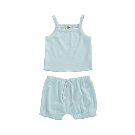 

Calsunbaby 2Pcs Baby Girls Summer Clothes Set Solid Color Sleeveless Square Collar Camisole Drawstring Shorts Casual Outfits