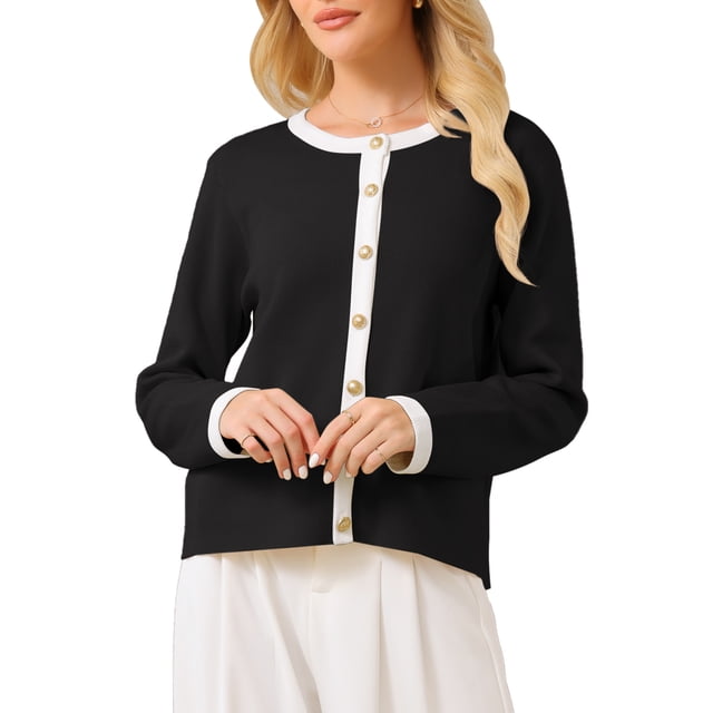 Suéter de cardigan de botón para mujer INSPIRE CHIC, cuello redondo, con ribete en contraste, de manga larga, tejido acanalado, talla 2XL, negro