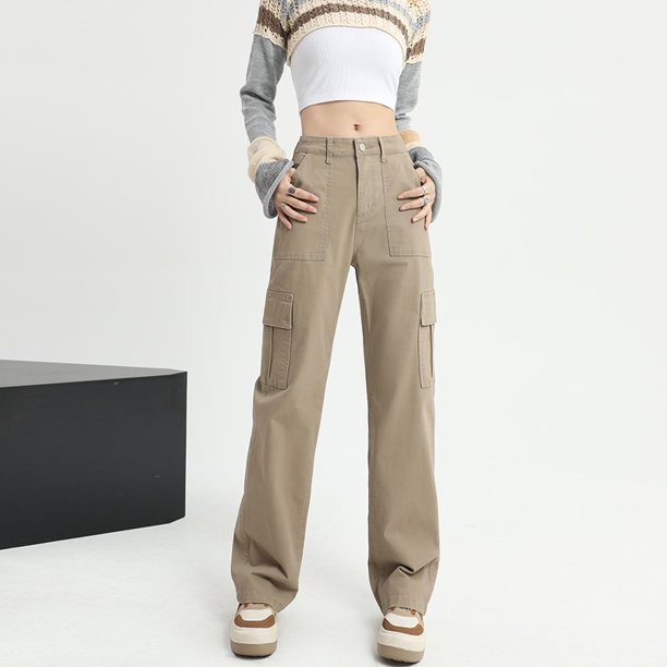 Pantalones casuales holgados y rectos con múltiples bolsillos y cintura alta de otoño para mujer