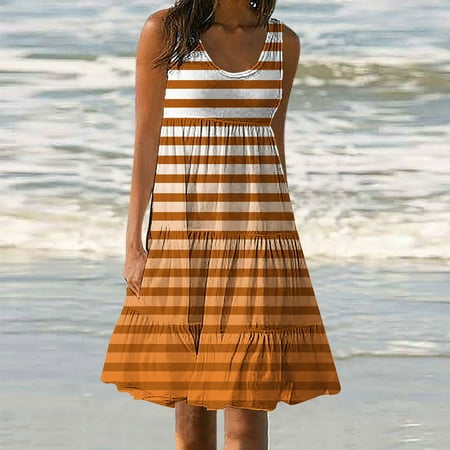 Ftwytp Women s Fashionable Summer Printed Loose Rice Wrinkled Sleeveless Round Neck Dress Christmas Dress For Women Dress Bustier Lingerie Corset Top Steampunk Skirt Orange